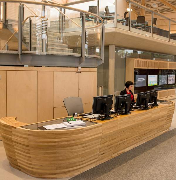 Our front reception desk, made from sustainable ash wood