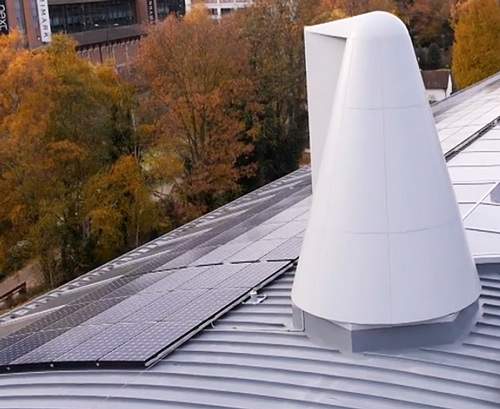 One of our four wind cowls, with some of the solar panels, on the Living Planet Centre roof
