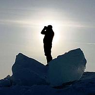 A Norwegian Polar Institute researcher surveying the area with binoculars. Svalbard, Norway