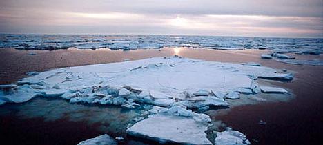 Sea ice beneath midnight sun in June in the Bering Sea off St. Matthew Island Alaska