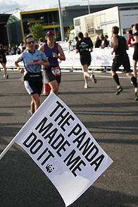 The Panda Made Me Do It TPMMDI flag at the 2012 London Triathlon
