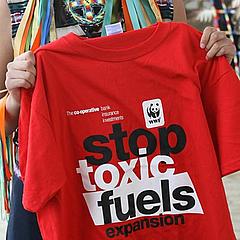 Toxic fuel campaign t-shirt Colin Baines, Coop Financial Services