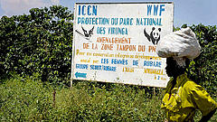 Local woman passing a sign for Virunga National Park. © Kate Holt / WWF-UK