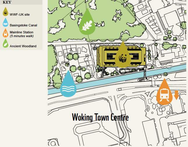 Original location map for WWF-UK's new, as-yet unnamed building, on Woking's Brewery Rd car park site