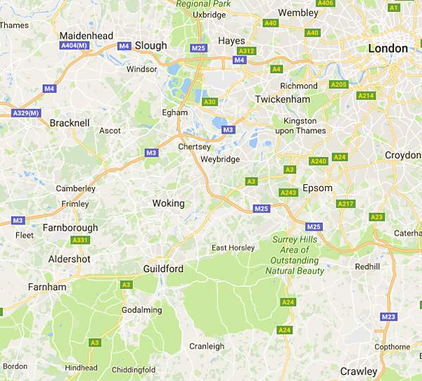We explored several site options around Surrey, to the south-west of London Image©GoogleMaps
