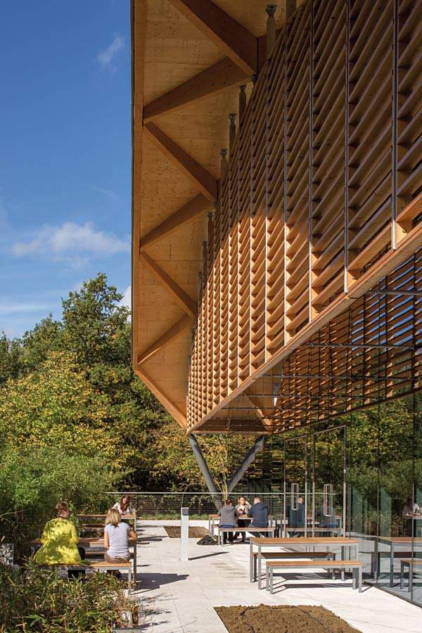 The rear of the Living Planet Centre, with desks for outdoor working, meeting or having lunch