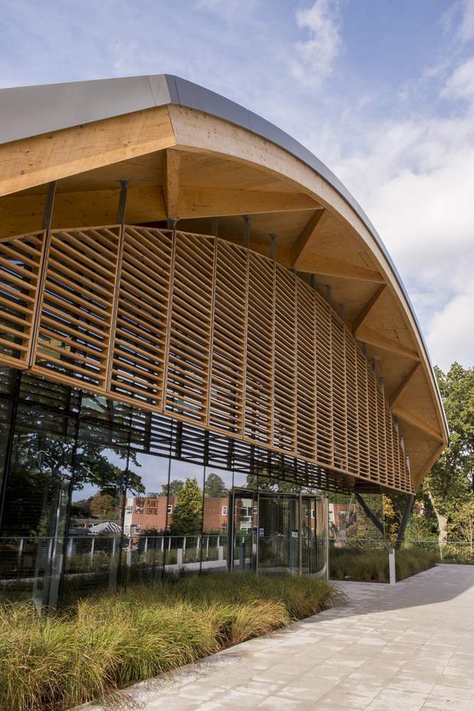 Front of the Living Planet Centre, showing the louvred &#39;brise soleil&#39; shading system